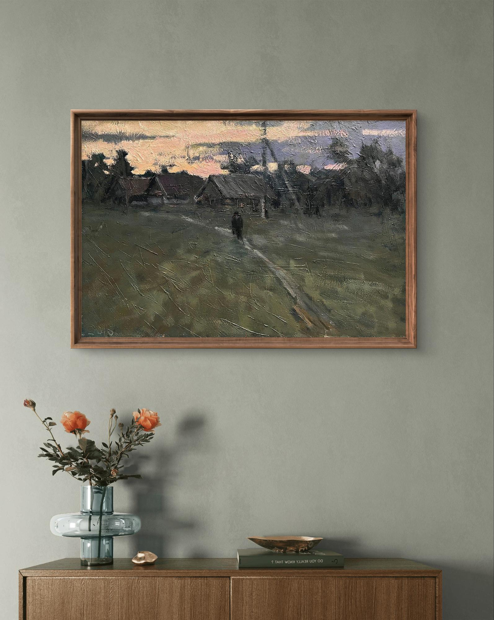 Oil painting Cold September by Volodymyr Pashchenko, rustic dusk landscape