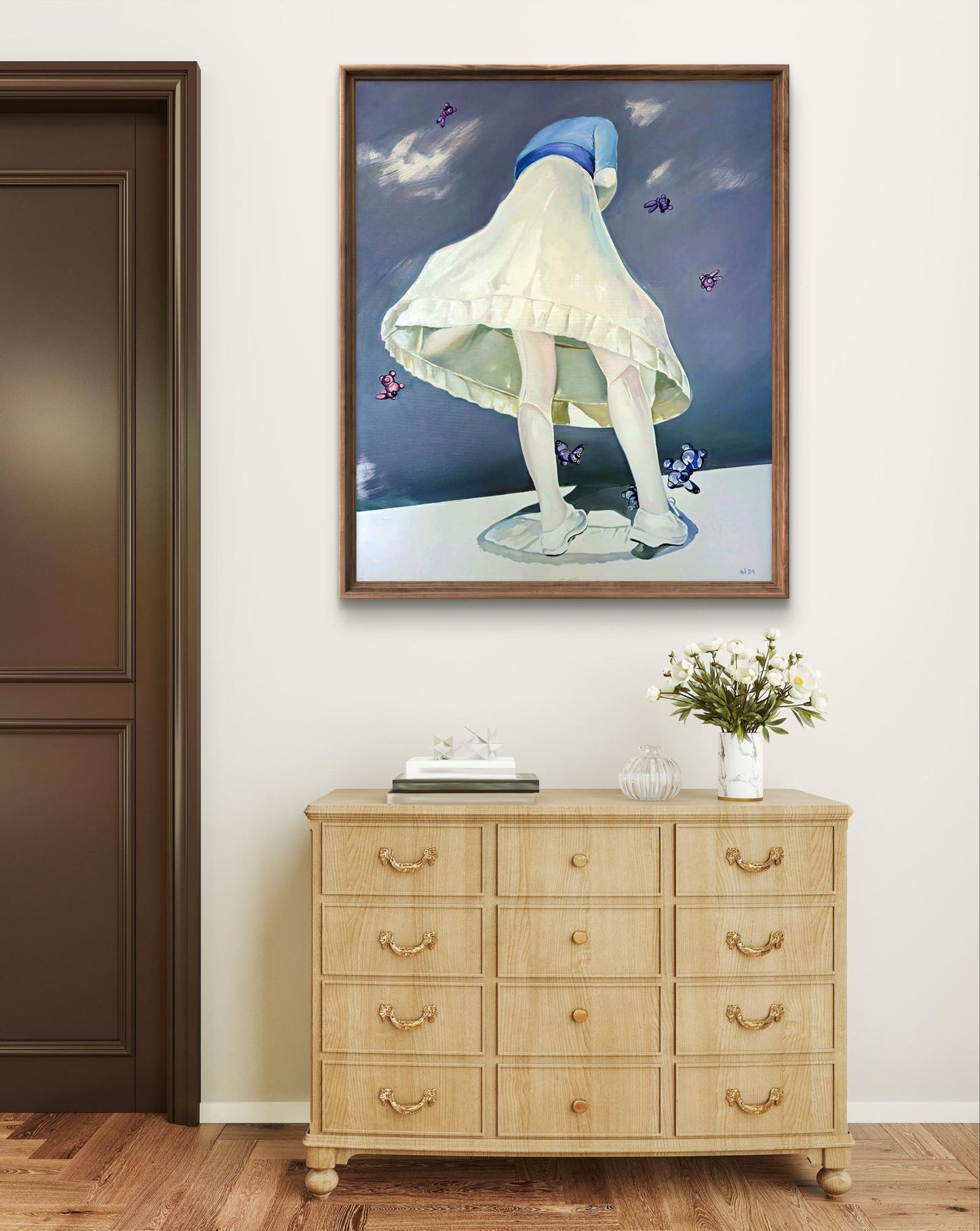 Framed oil painting like Igor Konovalov catcher in white dress with butterflies