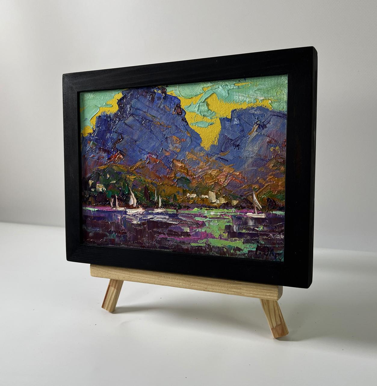 Oil painting River Silence on Boats by Oleksiy Ivanyuk in black frame