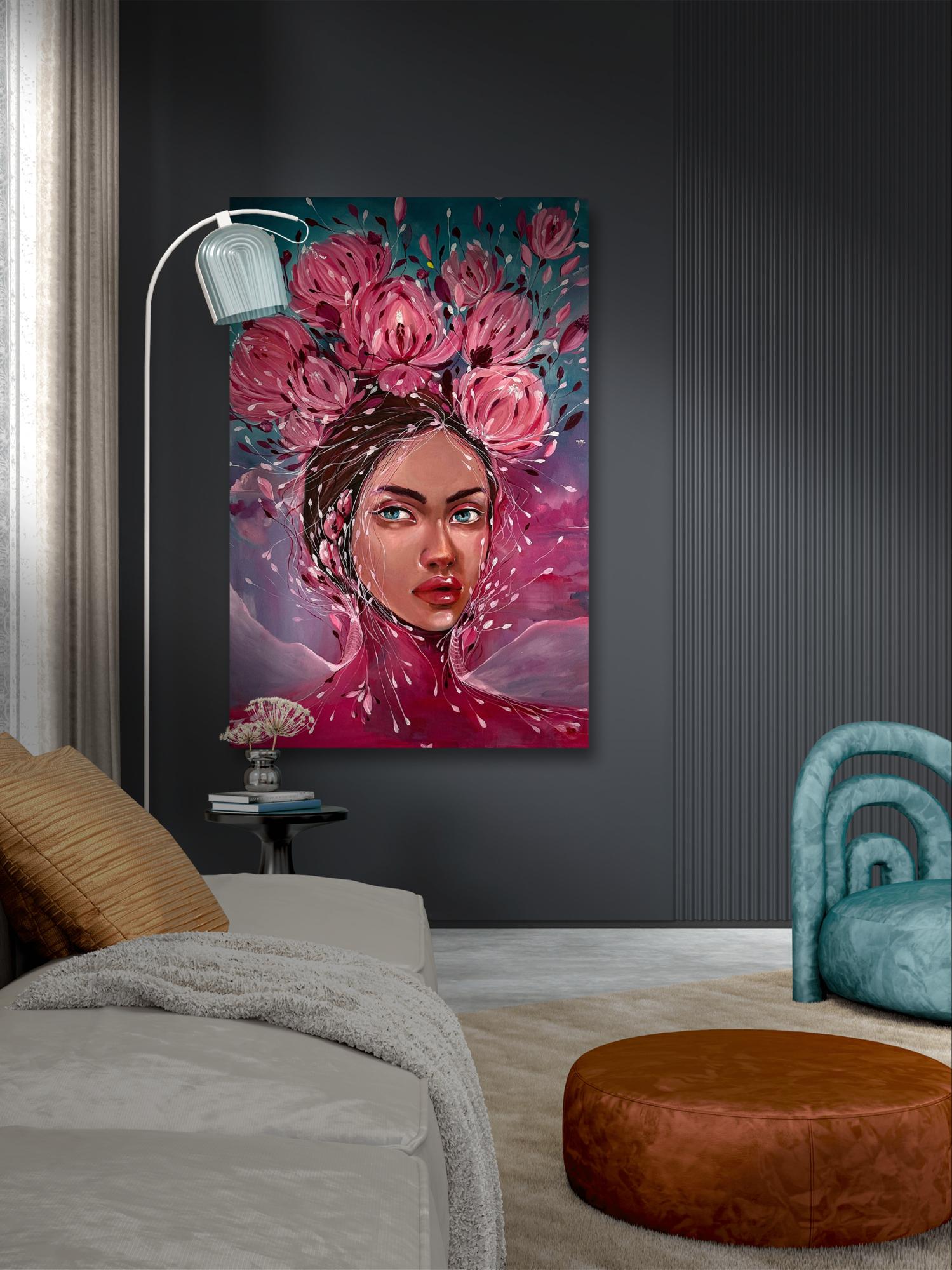 Oil painting Pions Victoria Kagalovska: pink floral woman portrait