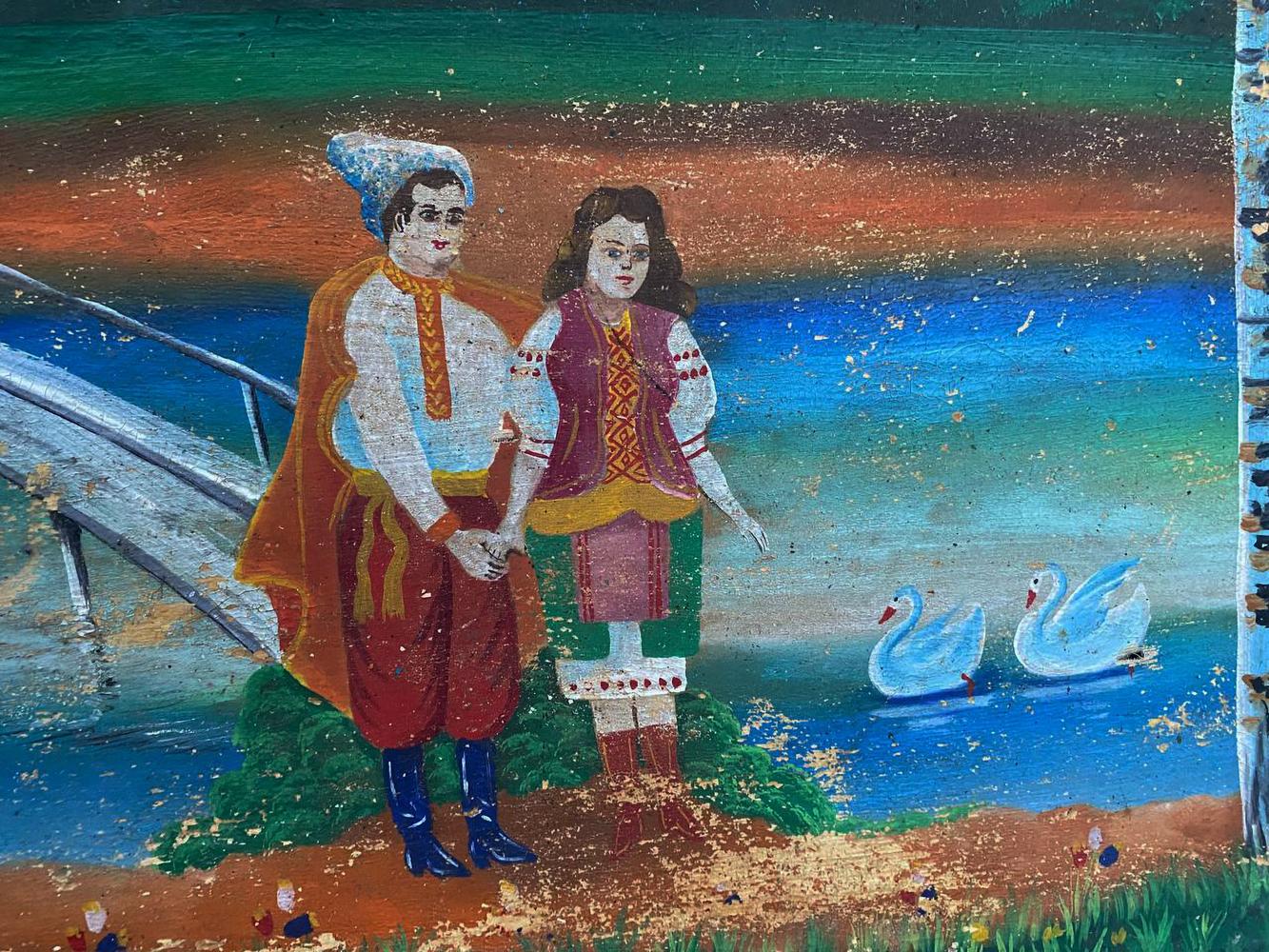 Oil painting of couple with swans by unknown artist