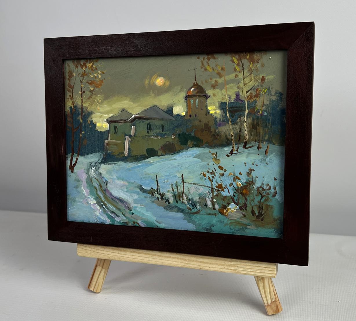 Oil painting Sunset behind the village by Yuriy Suprunchuk snowy scene