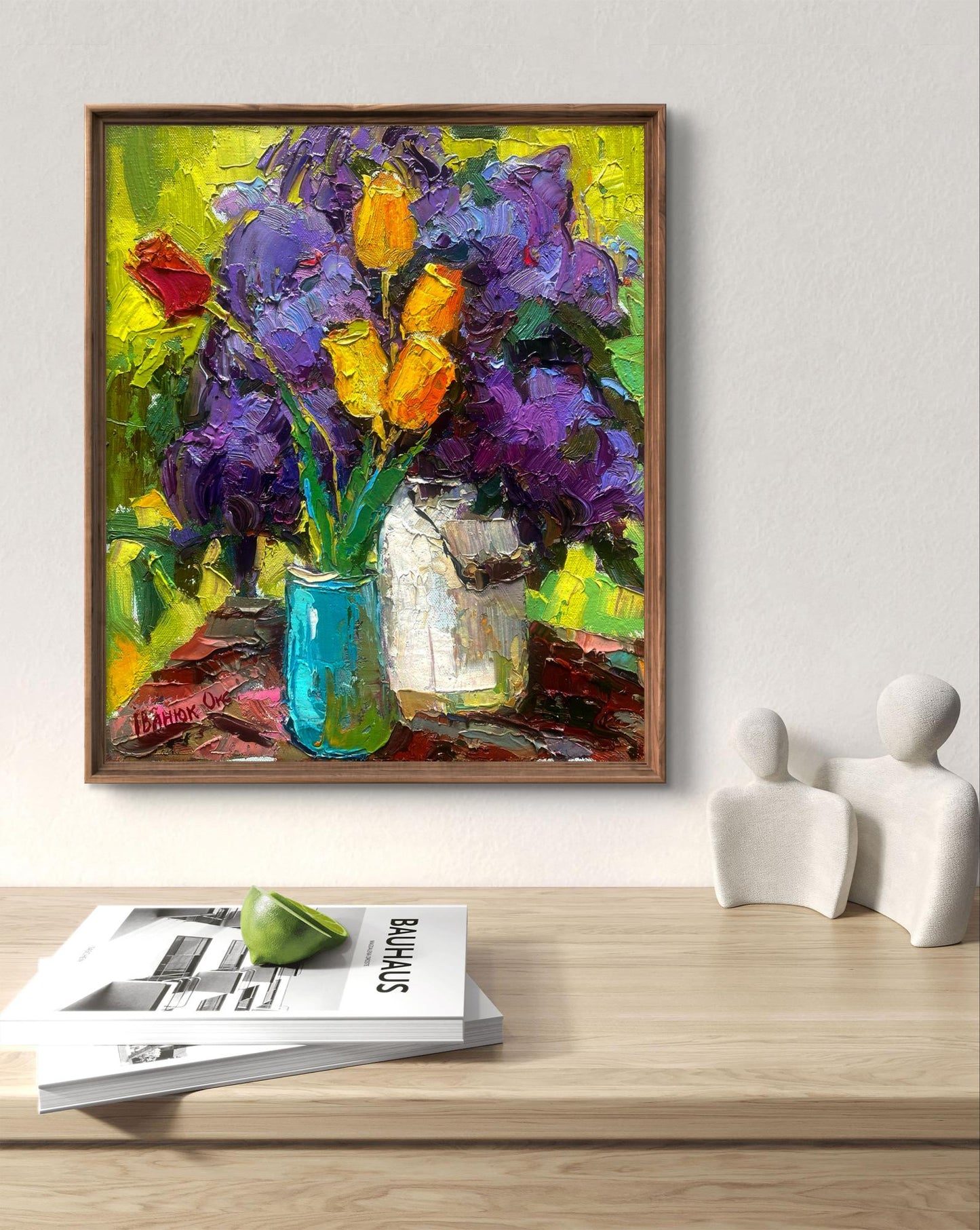 Vibrant oil painting of lilac petals and tulips in vases by Oksana Ivanyuk