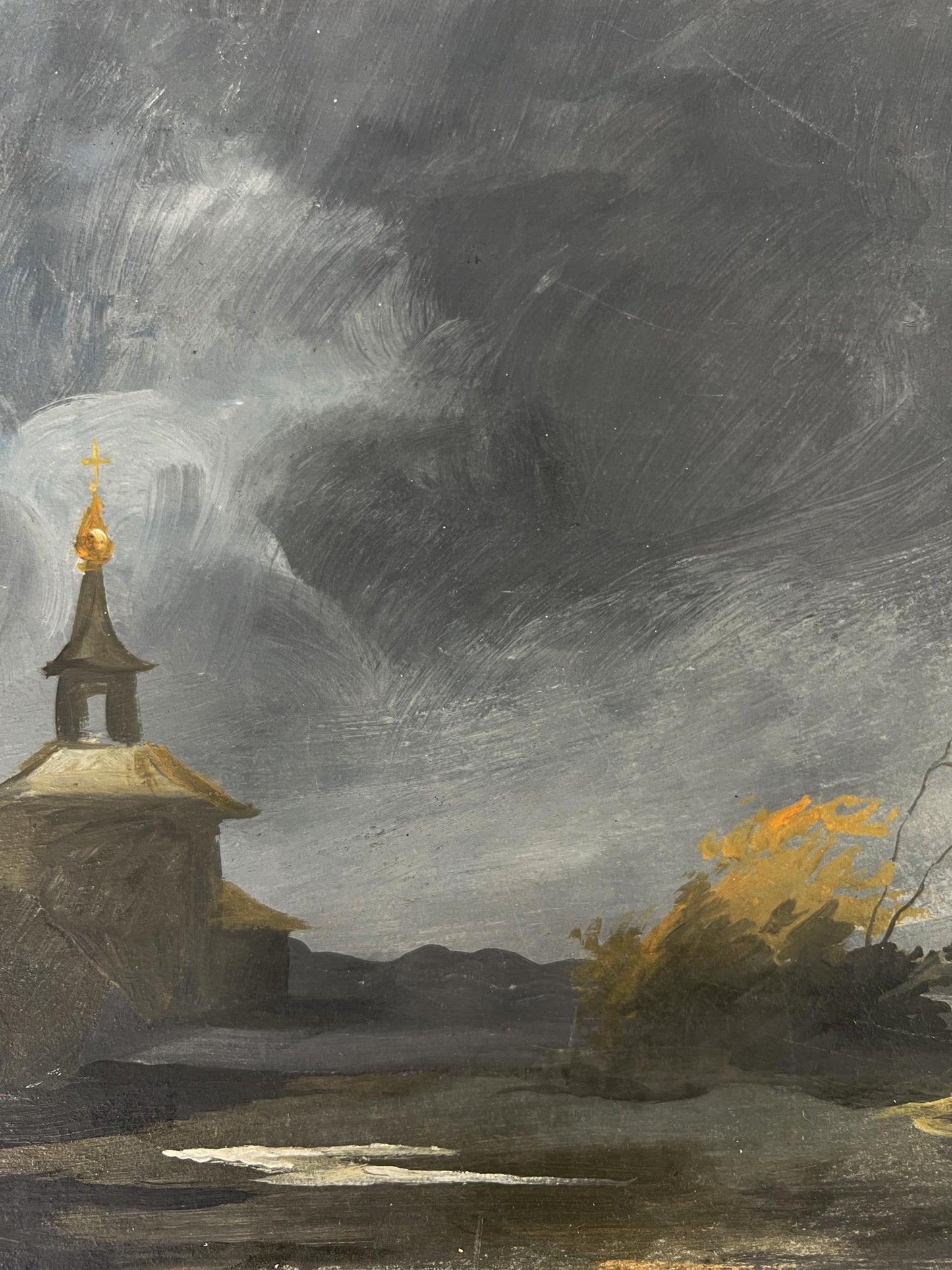 Oil painting by Oleg Litvinov: dark stone church with golden spire in thunderstorm