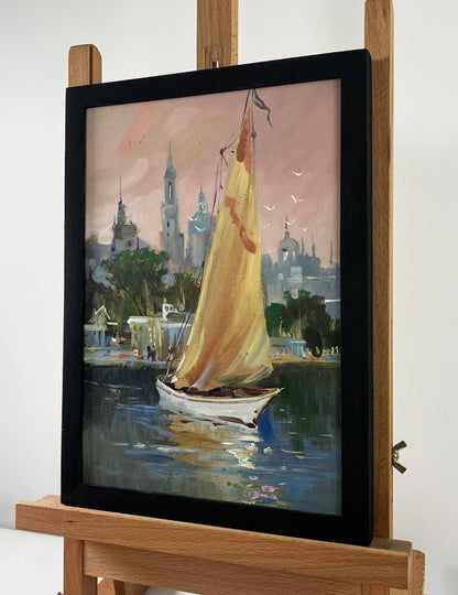 Framed oil painting The city is silent the boat is sailing by Yuriy Suprunchuk