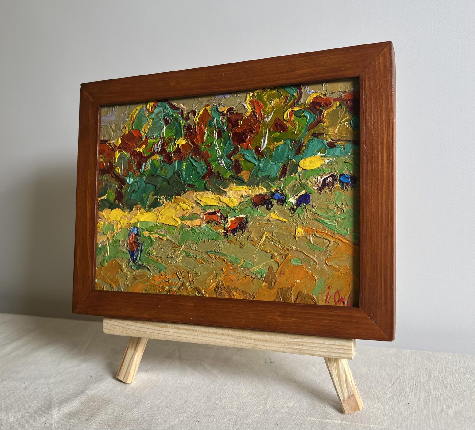 Oil painting In the Field on a Walk by Oleksiy Ivanyuk with cows and trees