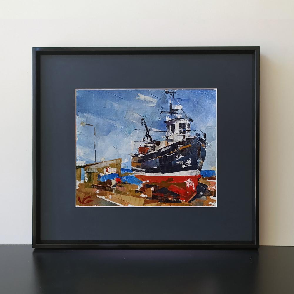 Framed Oil Painting Ship in Port by Volodymyr Gluhomanyuk, bold navy and red hulls