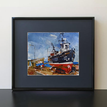 Framed Oil Painting Ship in Port by Volodymyr Gluhomanyuk, bold navy and red hulls