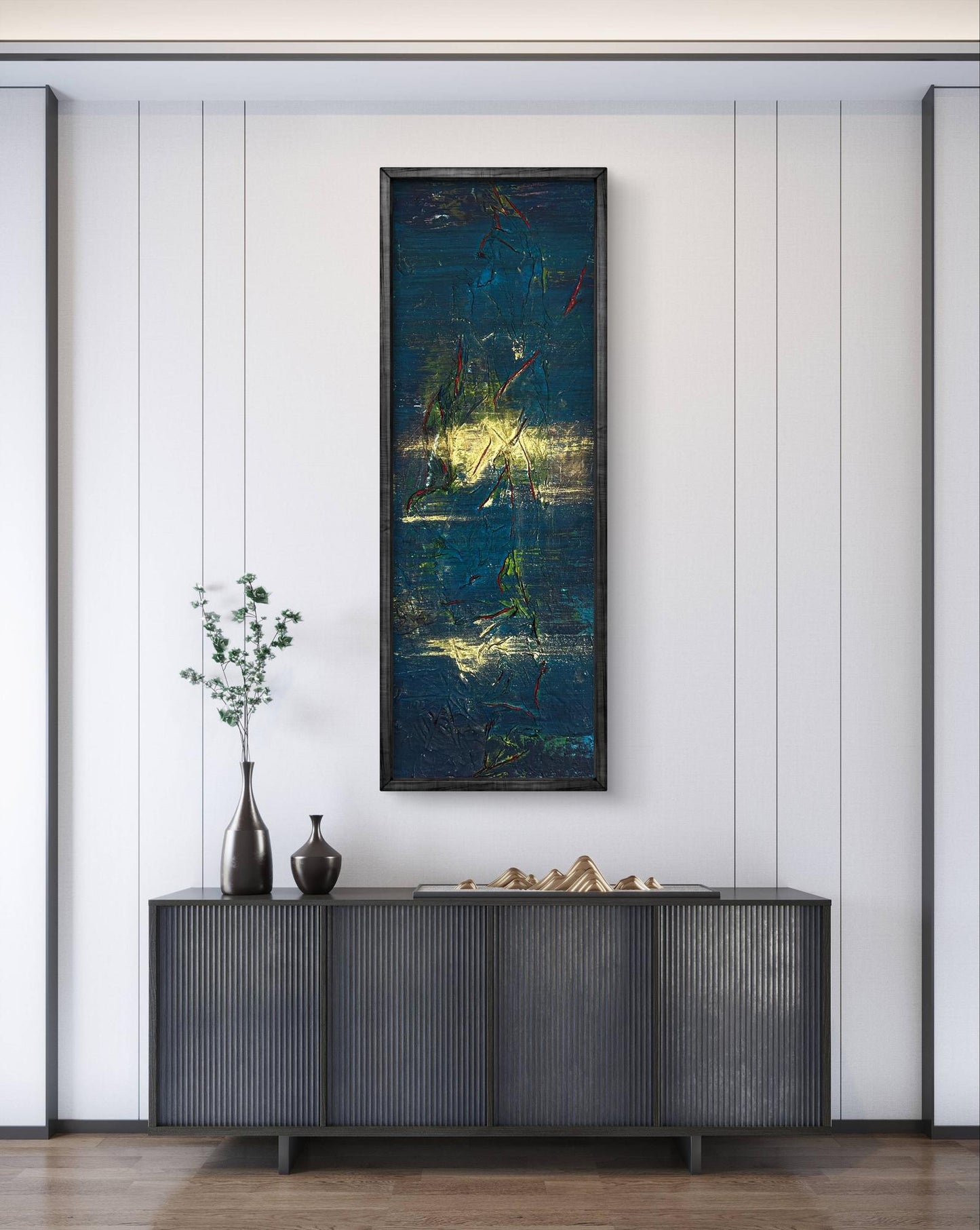 Night Adventure acrylic painting by Olga Melezhik, teal gold abstract