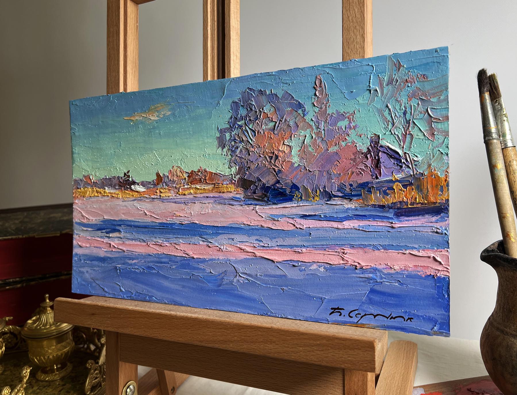 Oil painting Pink morning in winter by Boris Serdyuk, snowy impasto landscape