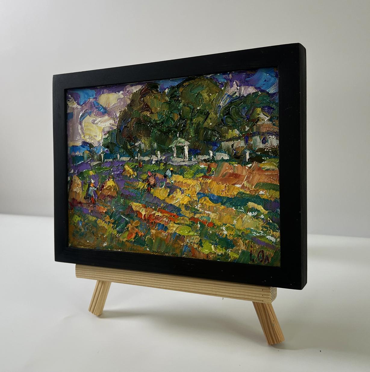 Oil painting Plowing a summer field by Oleksiy Ivanyuk in black frame