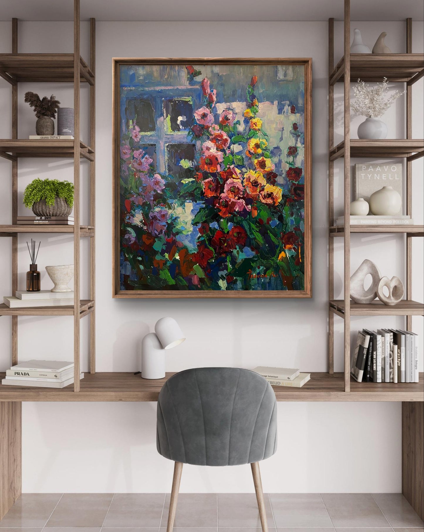 Oil painting Blooming Garden by Oksana Ivanyuk above minimalist desk