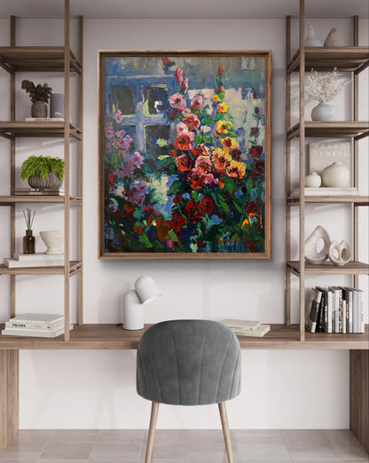 Oil painting Blooming Garden by Oksana Ivanyuk above minimalist desk