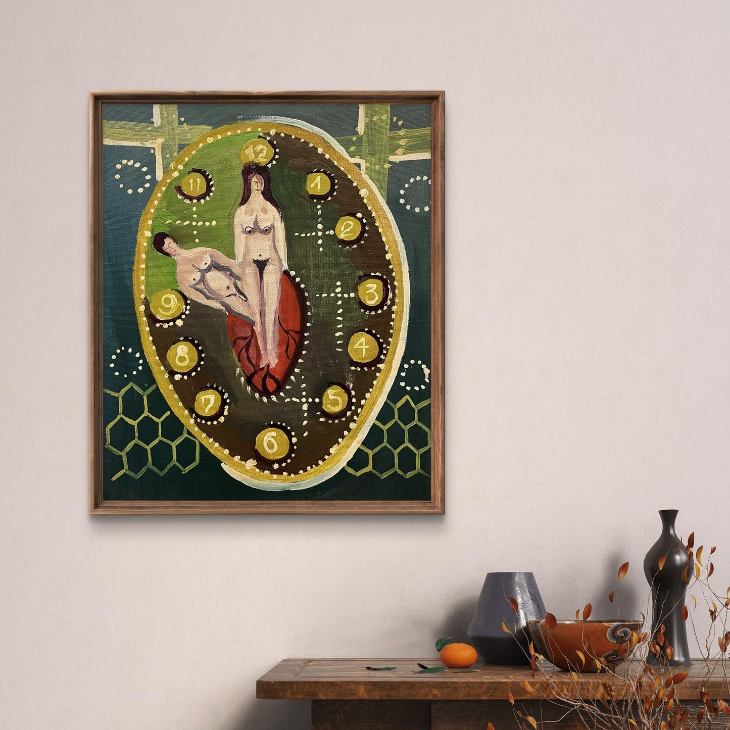 Framed oil painting by Eduard Emelyantsev: stylized nude clock face
