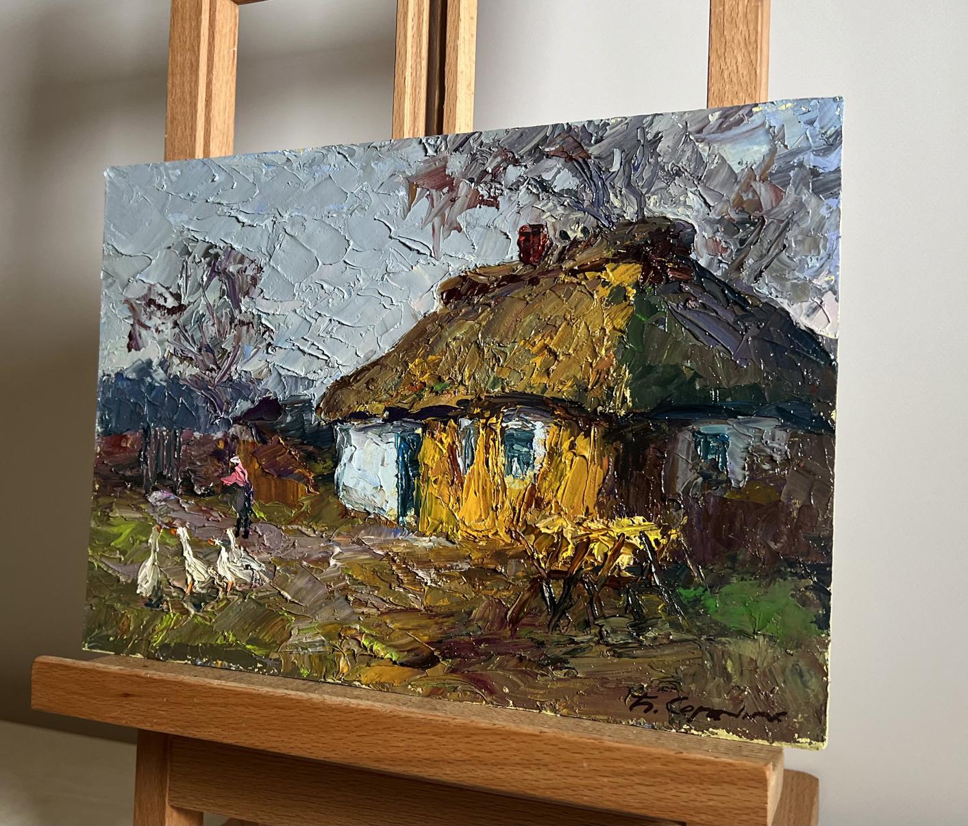 Oil painting Geese in the yard by Boris Serdyuk rustic cottage scene