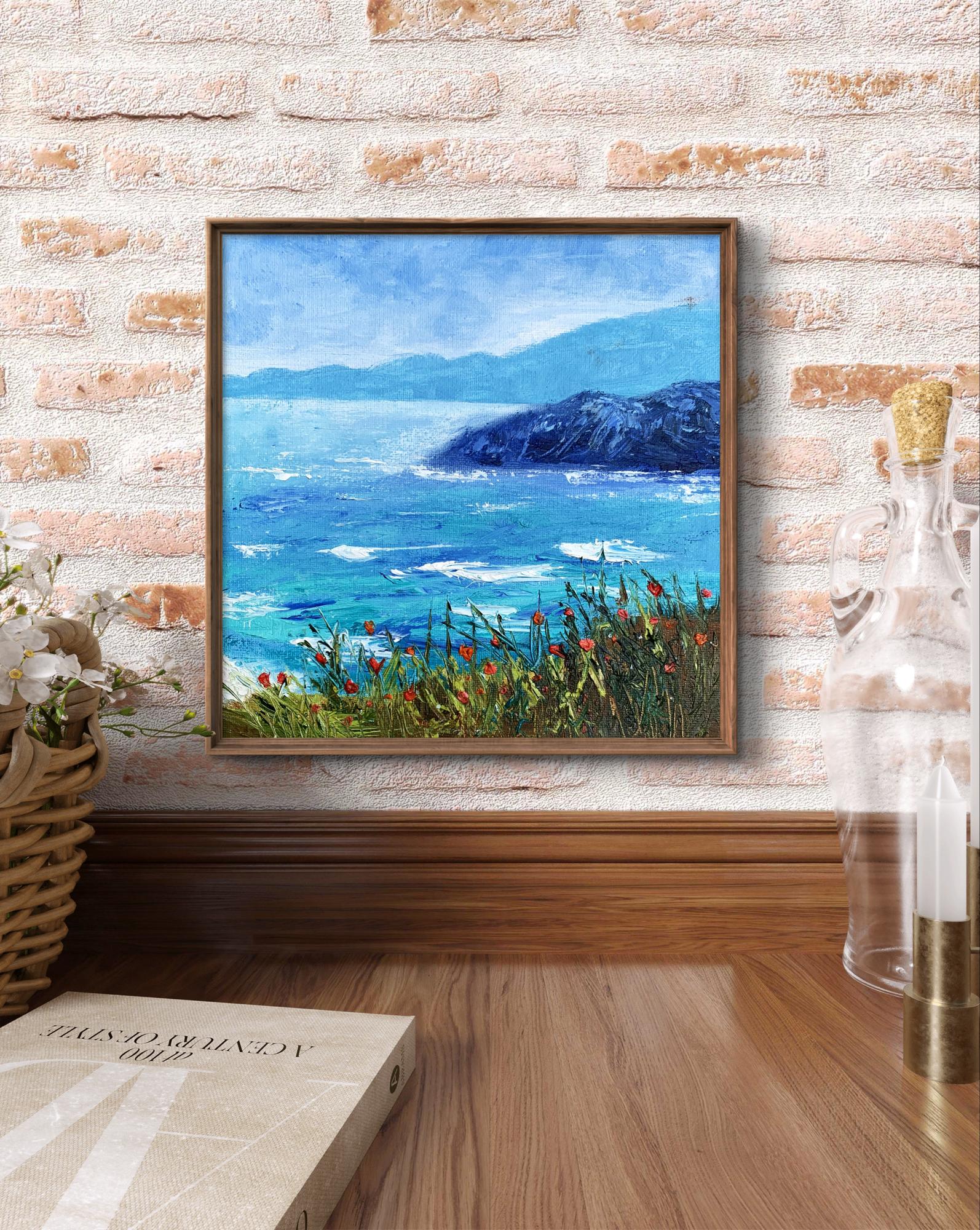 Oil painting Calm sea by Tatyana Derdey: framed ocean landscape with vibrant blues