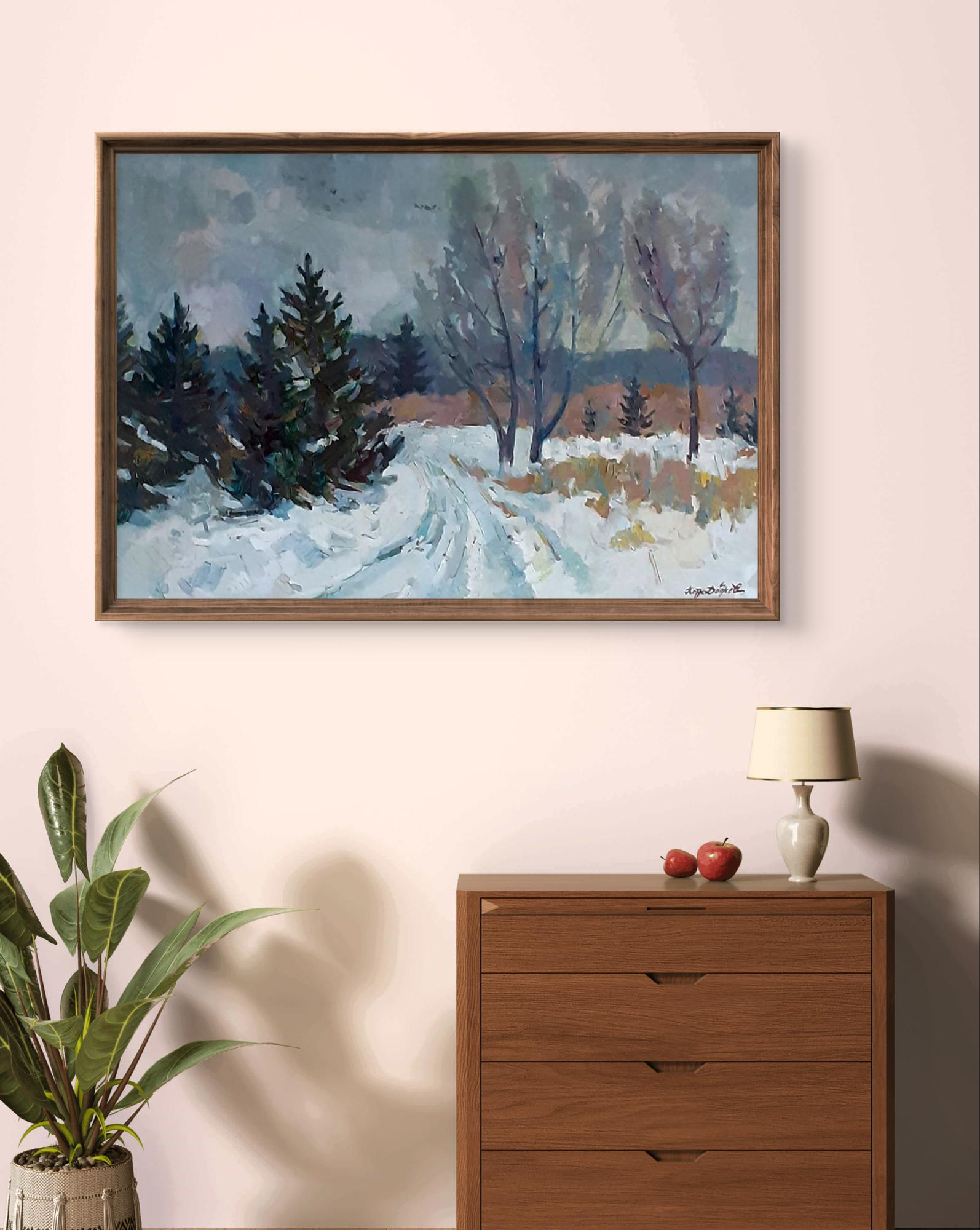 Framed oil painting by Peter Dobrev: snowy Christmas trees in muted winter blues