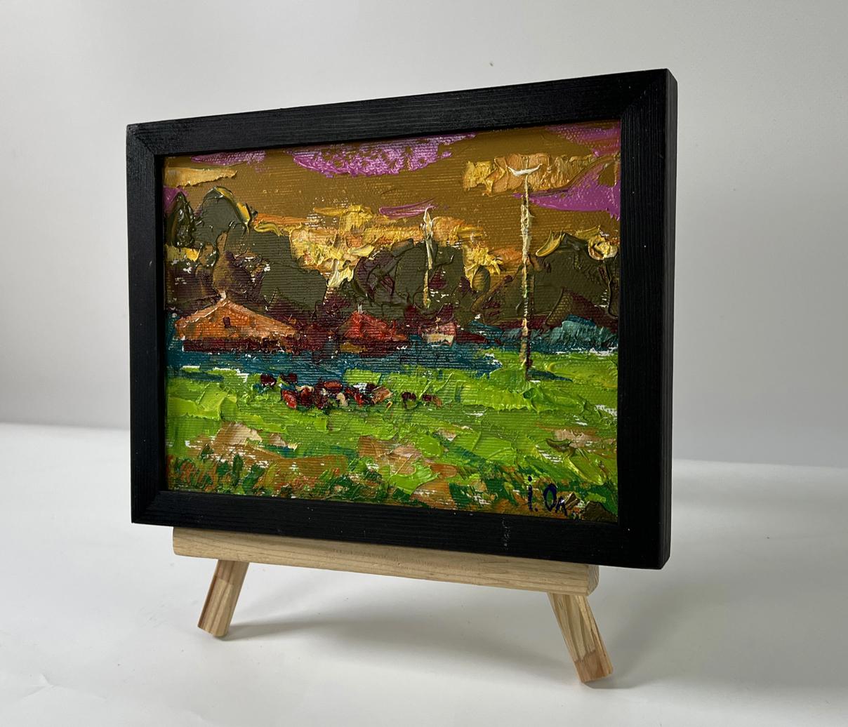 Oil painting Evening village by Oleksiy Ivanyuk in black frame