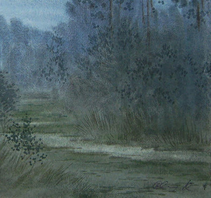 Moonlit misty forest watercolor painting by Valery Savenets