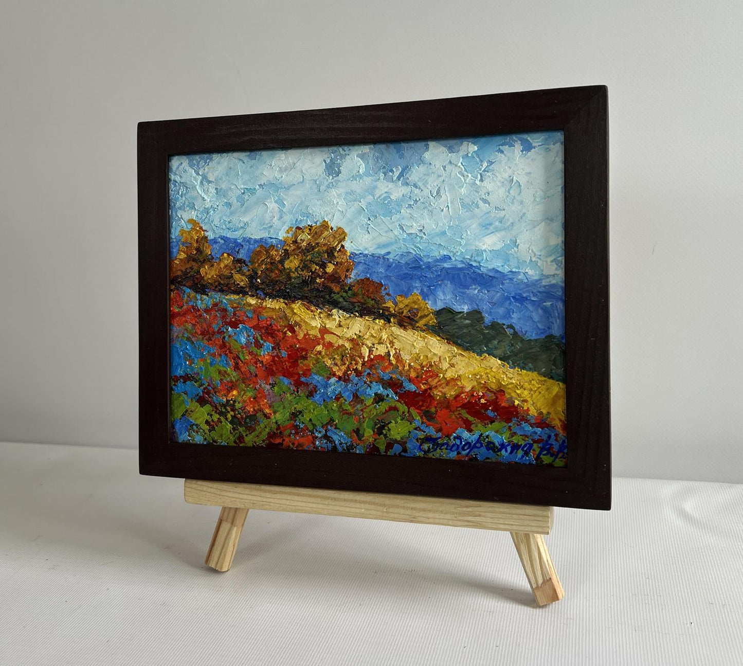 Oil painting Autumn palette of red blue flowers by V. Zadorozhnya