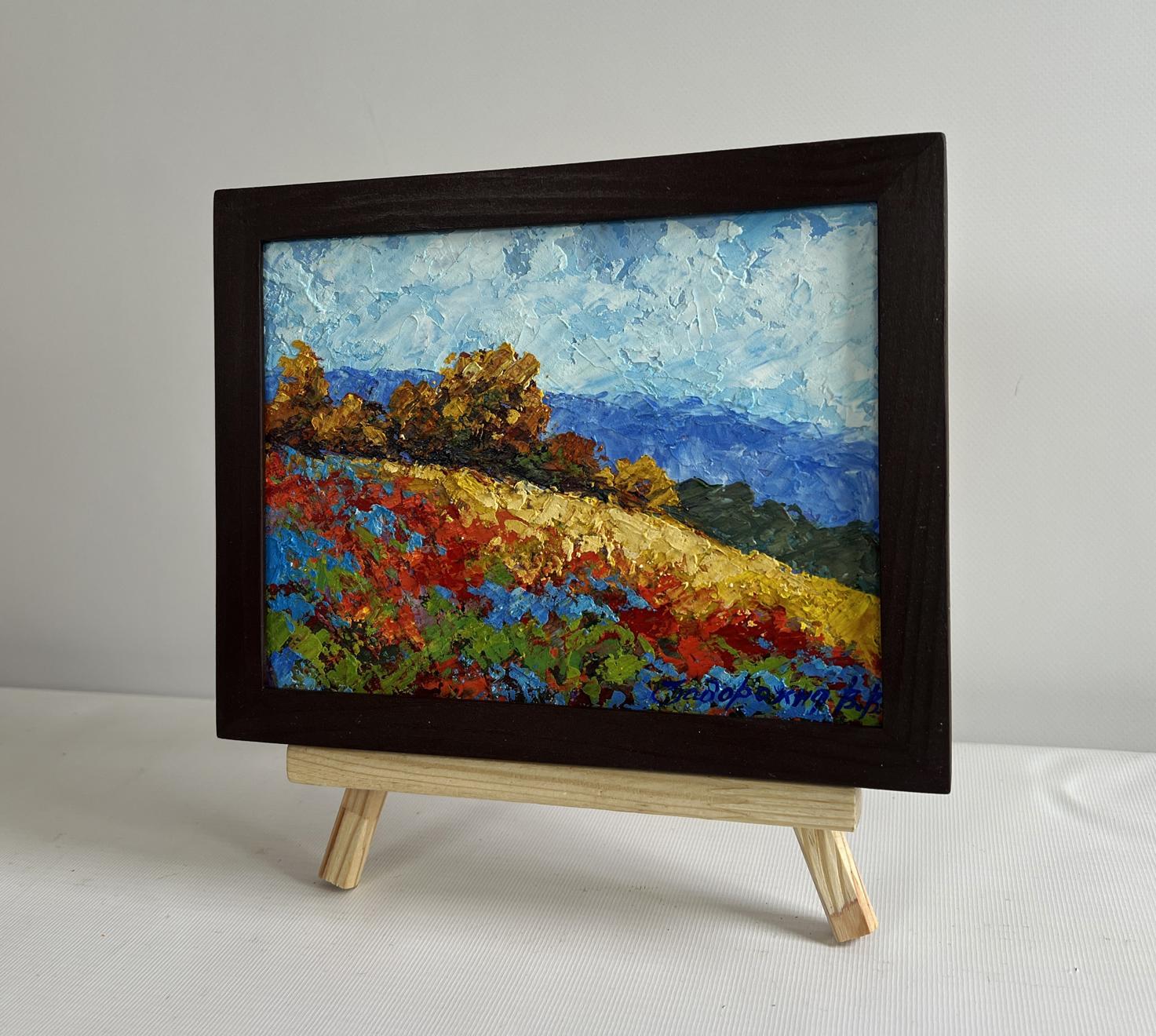 Oil painting Autumn palette of red blue flowers by V. Zadorozhnya