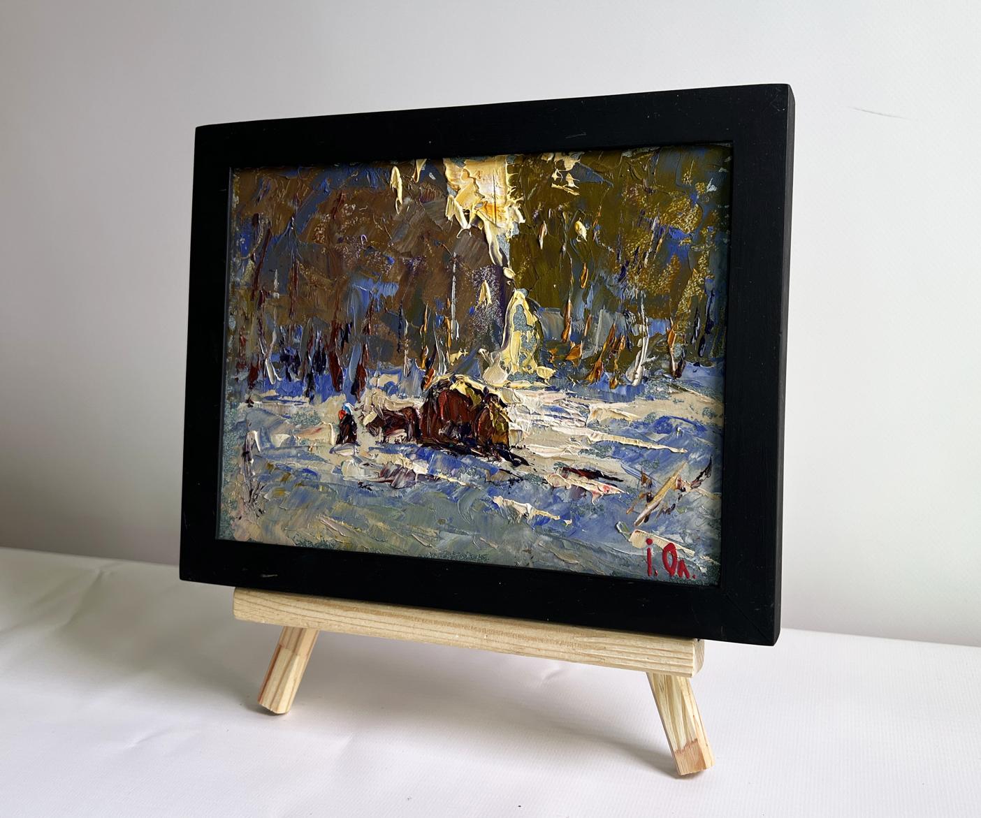 Black-framed miniature oil painting Winter evening in the forest by Oleksiy Ivanyuk