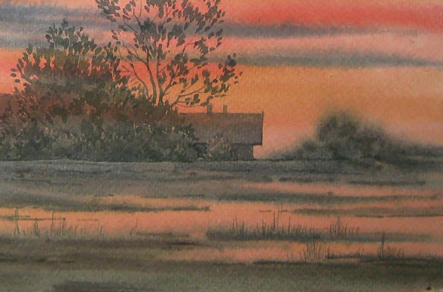 Watercolor painting of autumn evening rural landscape at sunset by Valery Savenets
