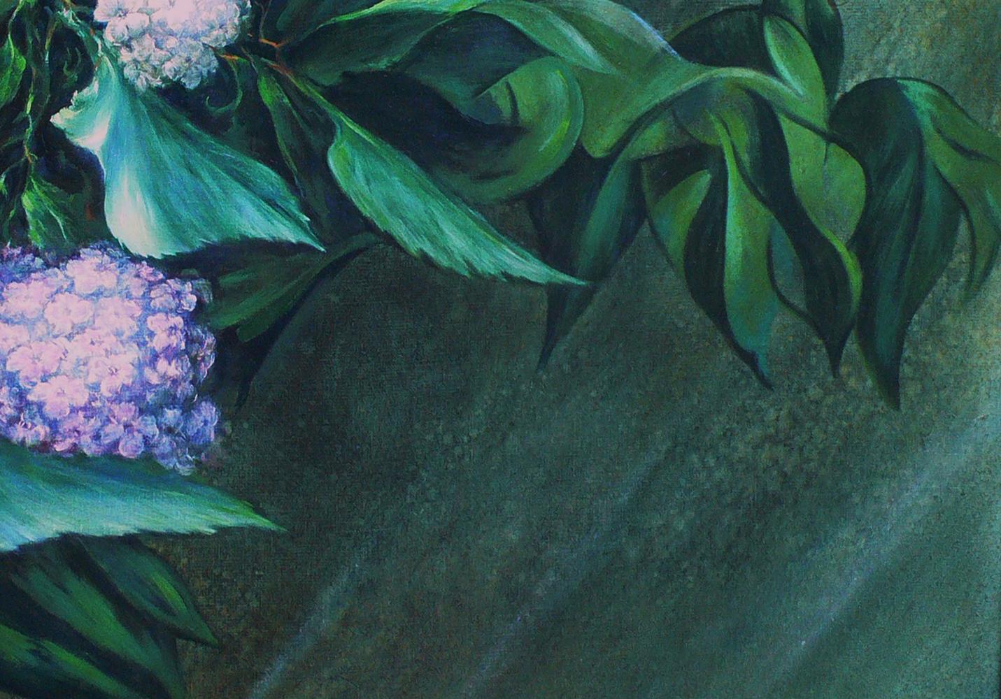 Oil painting of colorful lilac purple hydrangeas by Vasily Korkishko