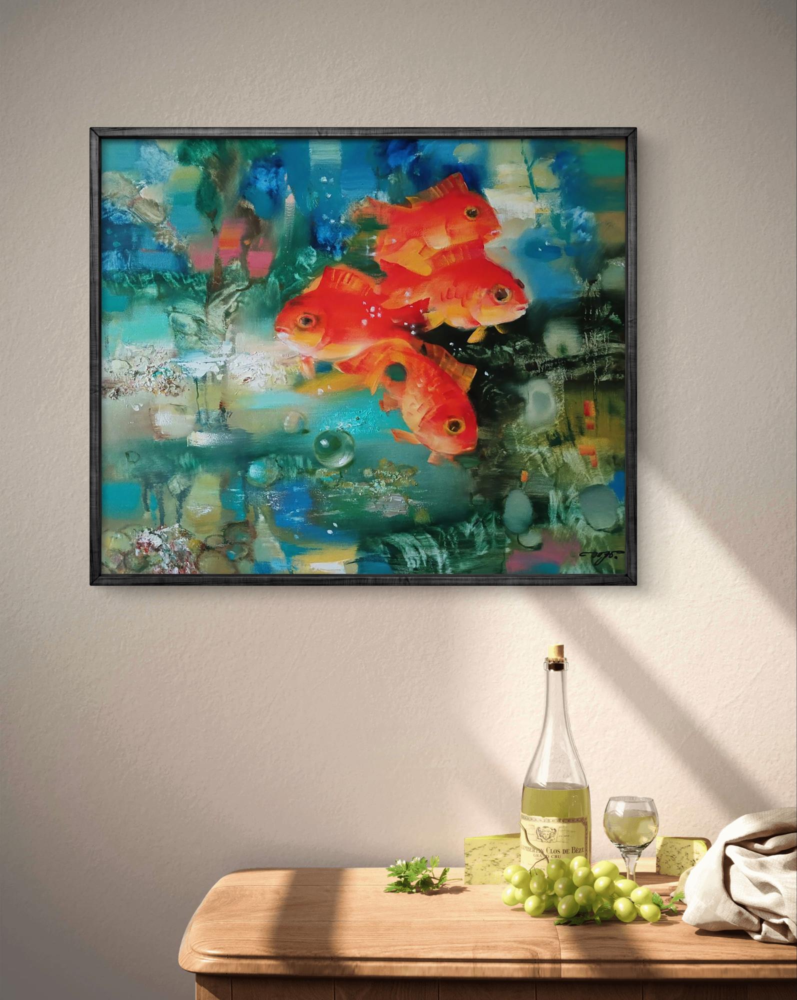 Vibrant abstract oil painting of orange goldfish by Anatoly Tarabanov