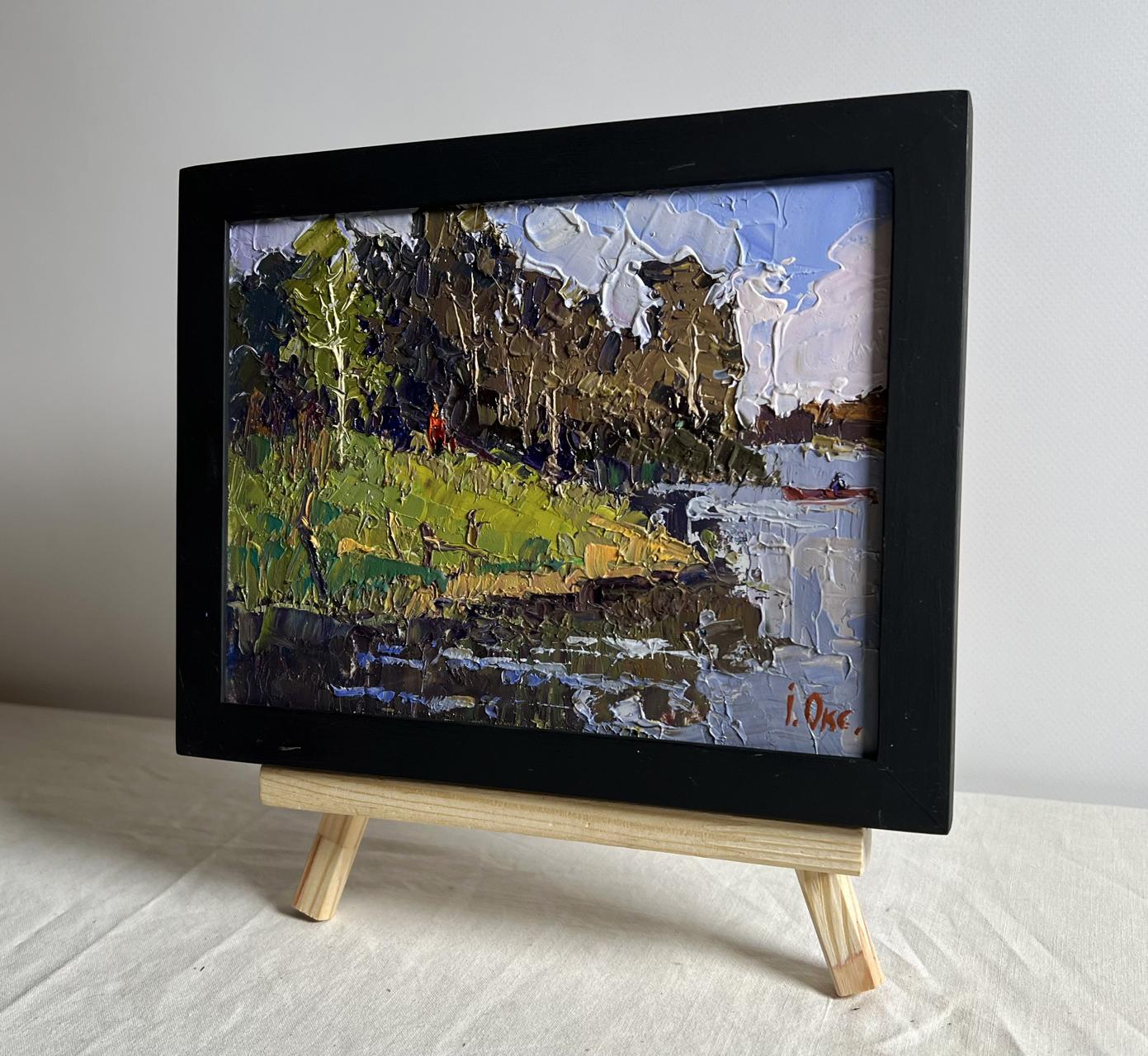 Oil painting By boat to the shore by Oleksiy Ivanyuk in black frame