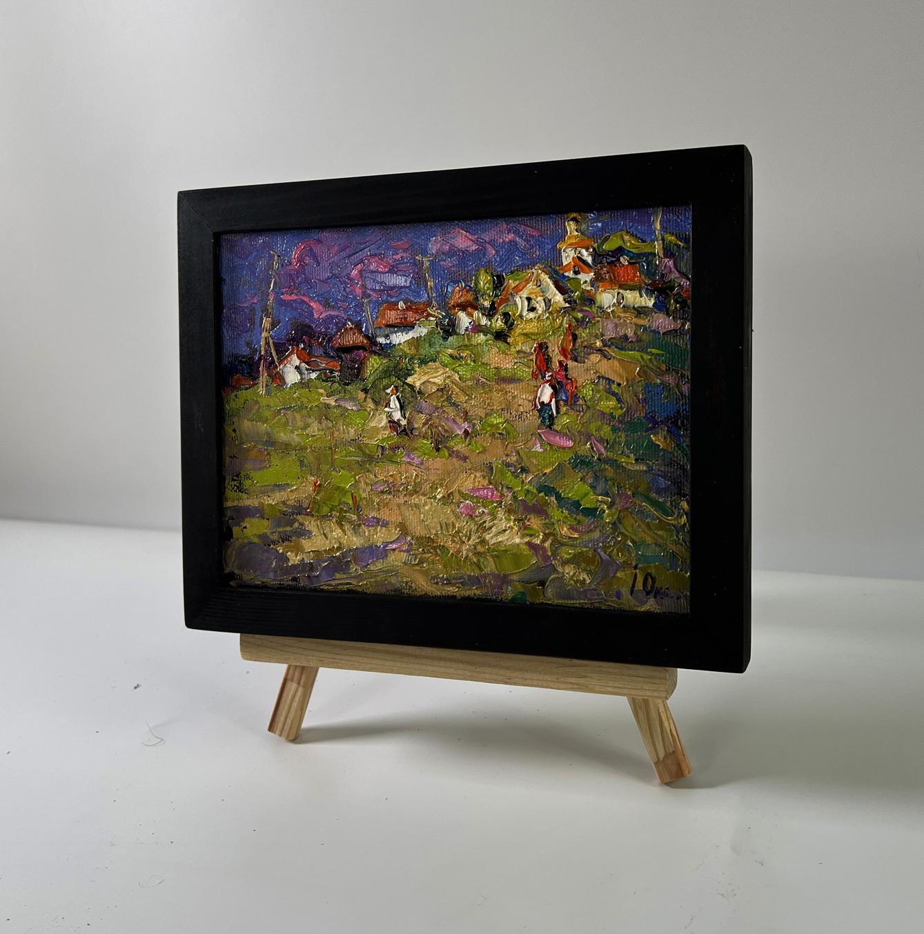 Vibrant impressionist oil painting Outside the village by Oksana Ivanyuk in black frame