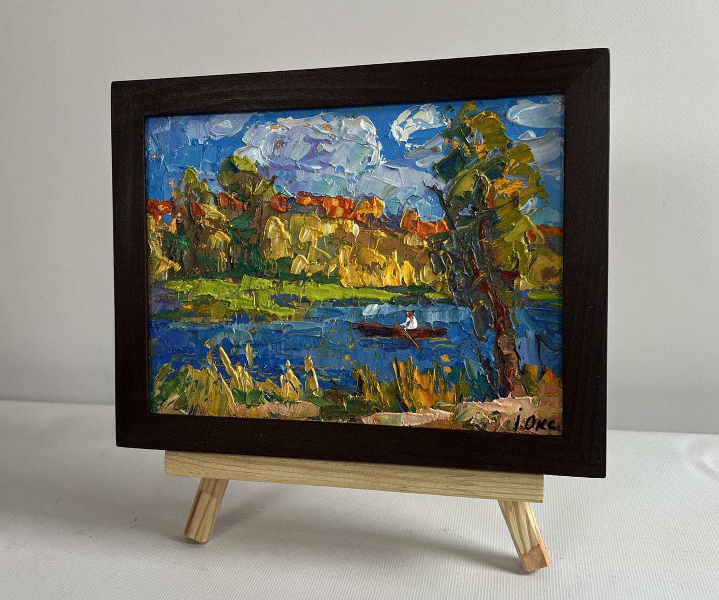 Oil painting Early autumn fishing by Oksana Ivanyuk in wooden frame