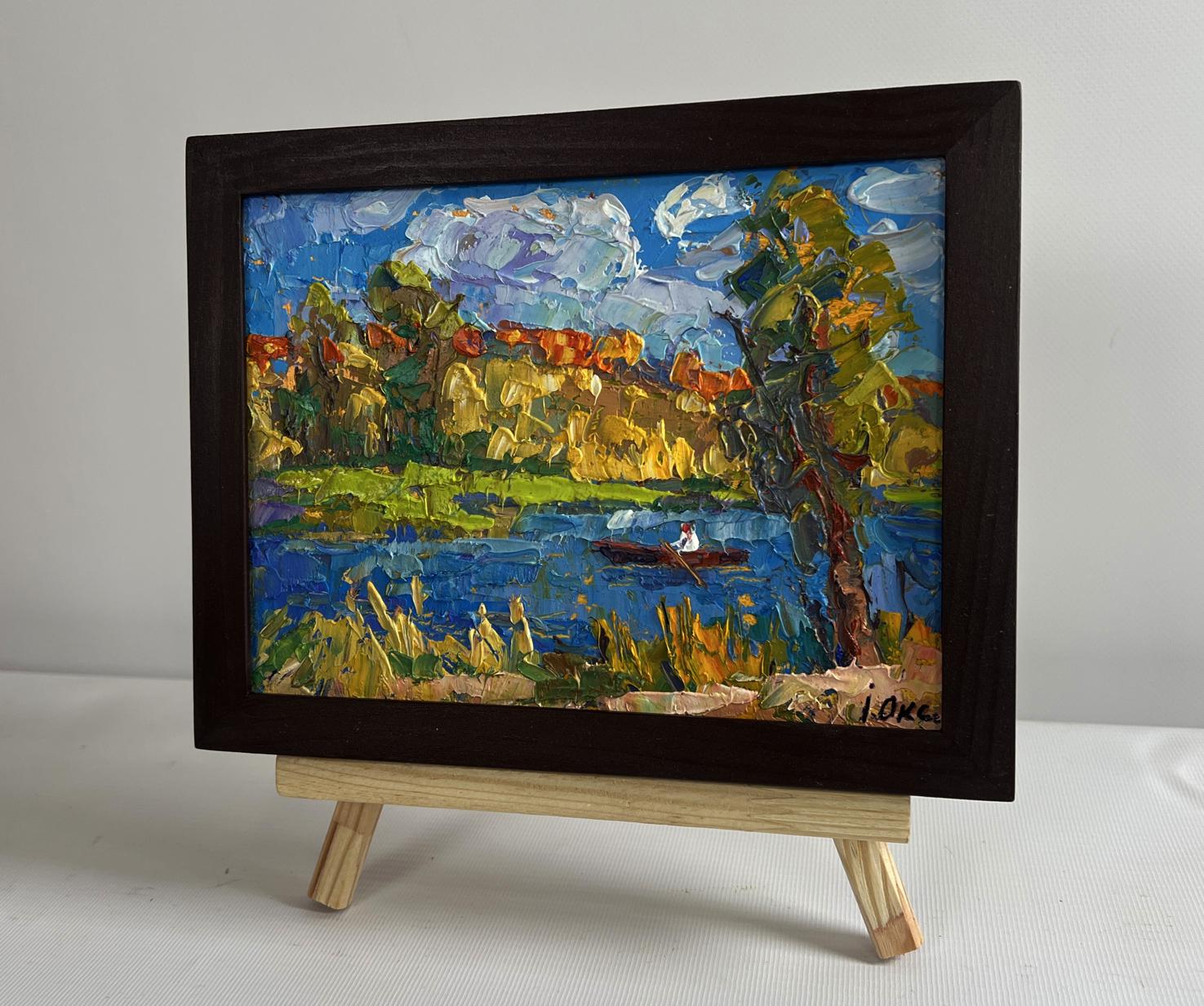 Oil painting Early autumn fishing by Oksana Ivanyuk in wooden frame
