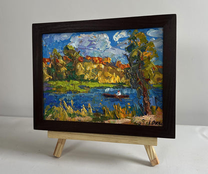 Oil painting Early autumn fishing by Oksana Ivanyuk in wooden frame