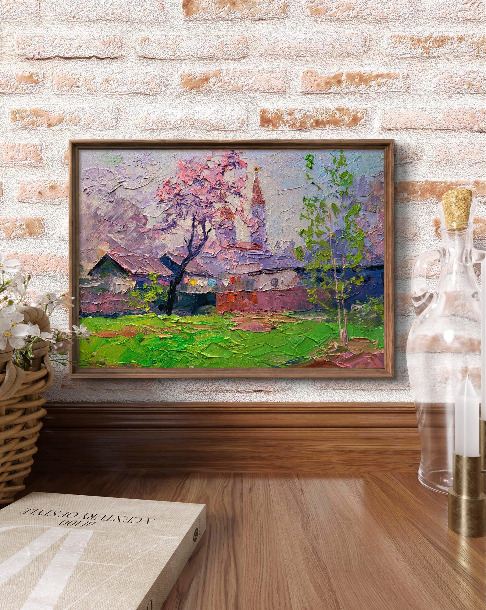 Oil painting Spring has come by Boris Serdyuk: village under pink blossoms