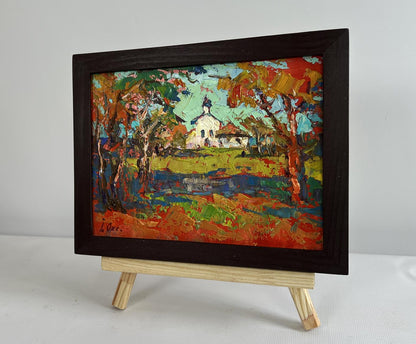Oil painting Autumn bell ringing church tower by Oksana Ivanyuk in frame