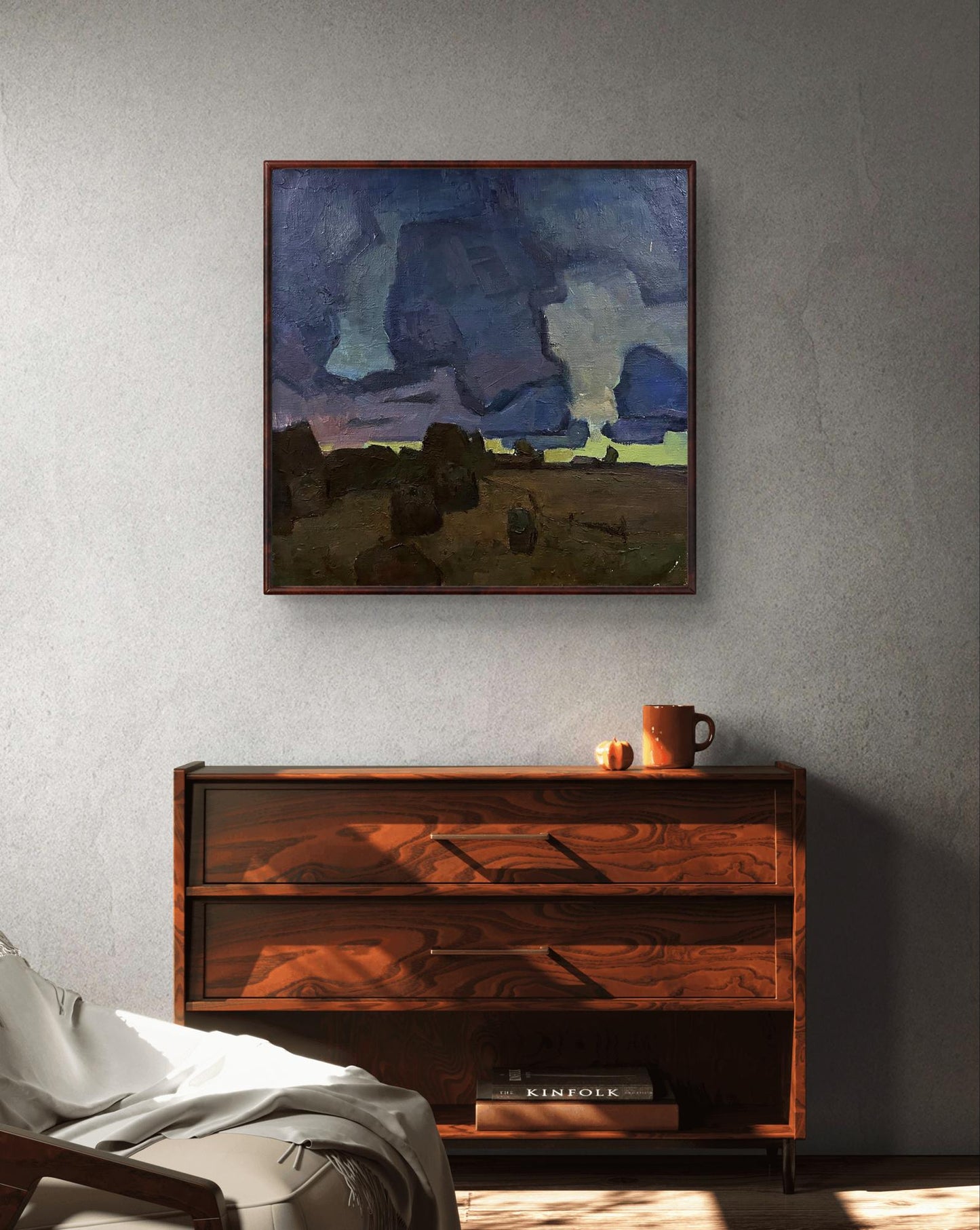 Oil painting Evening stacks Oleksandr Andreev in square wooden frame