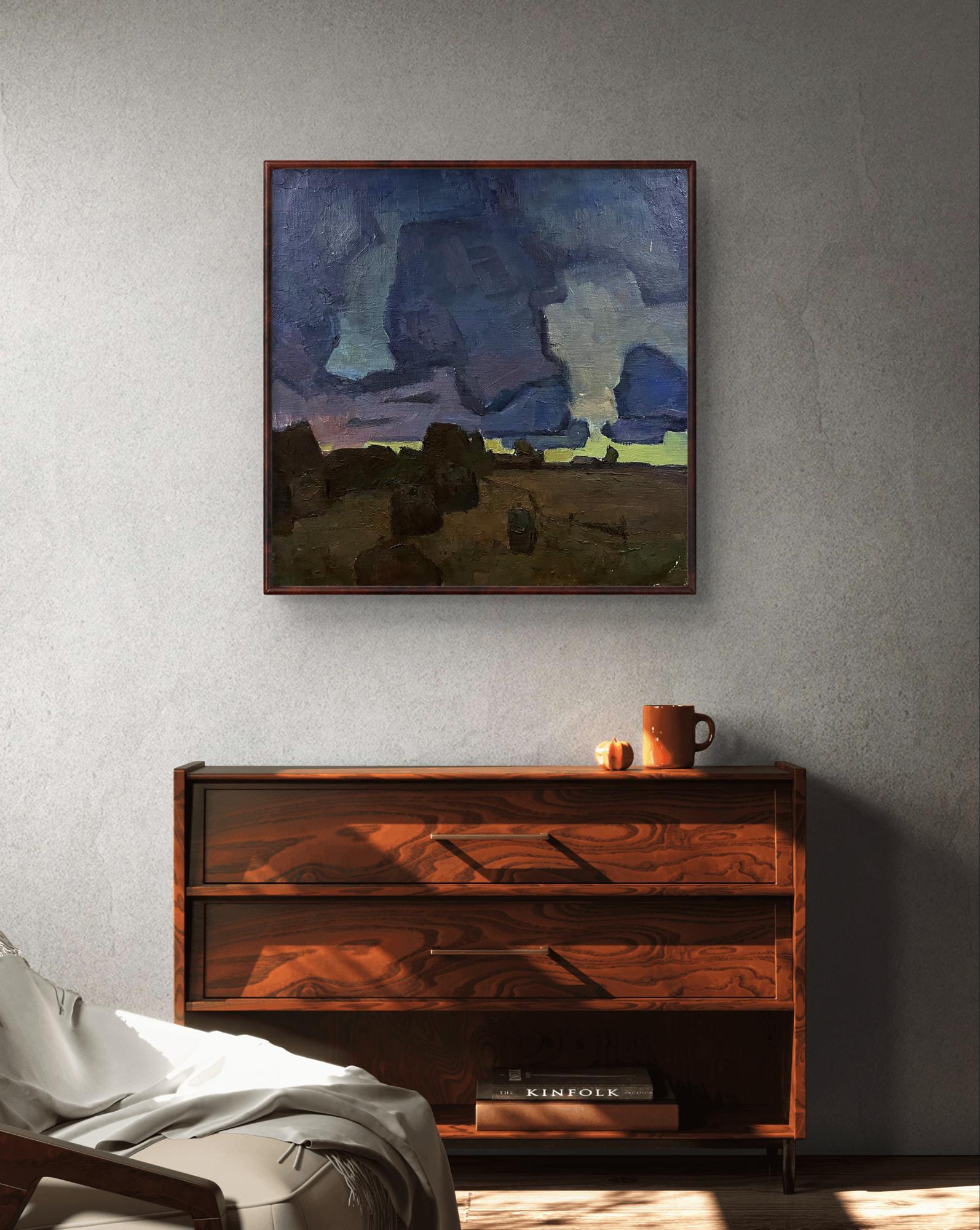 Oil painting Evening stacks Oleksandr Andreev in square wooden frame