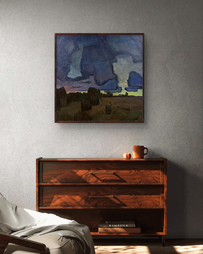 Oil painting Evening stacks Oleksandr Andreev in square wooden frame