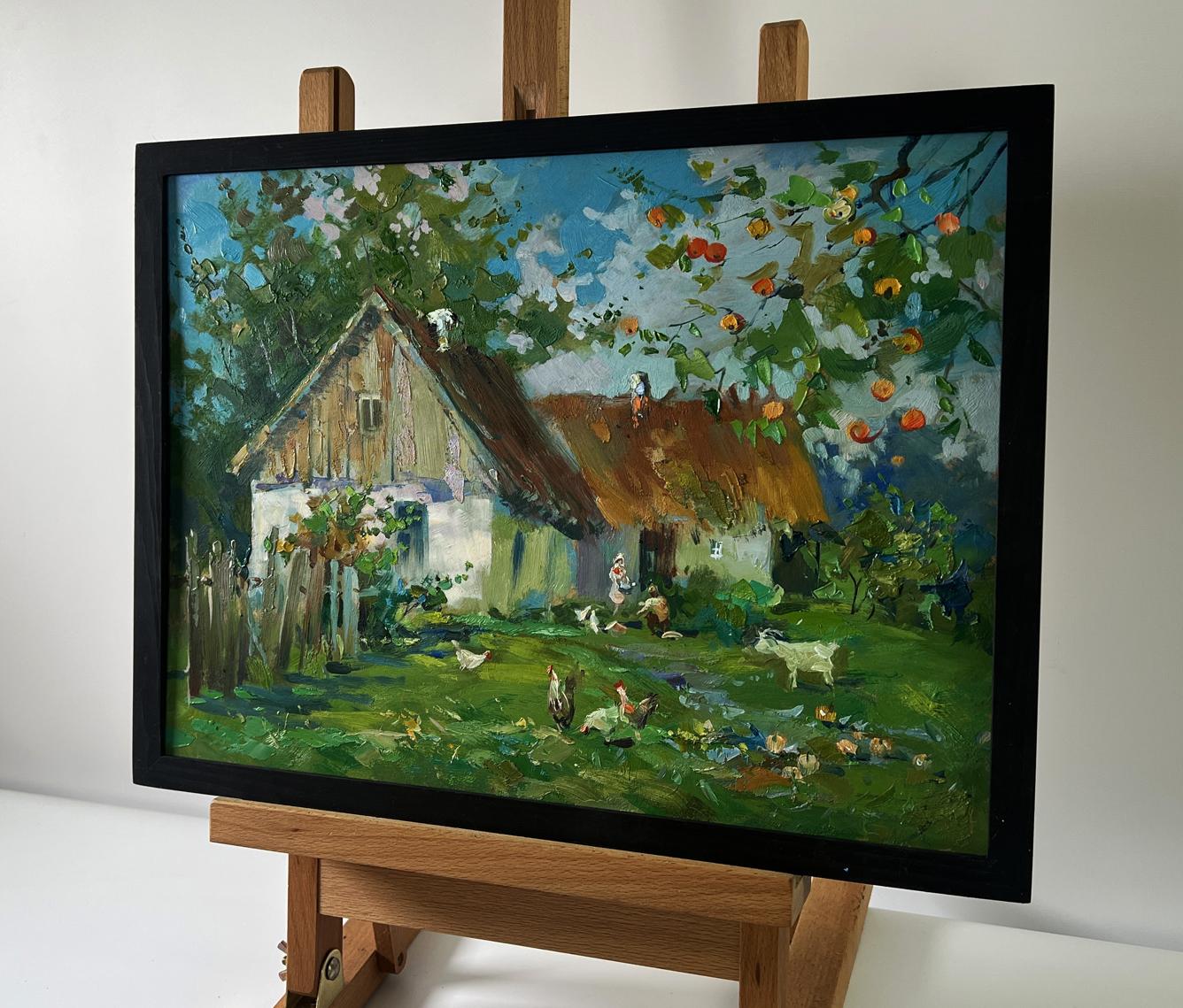 Oil painting Village with animals by Yuriy Suprunchuk rustic cottages chickens