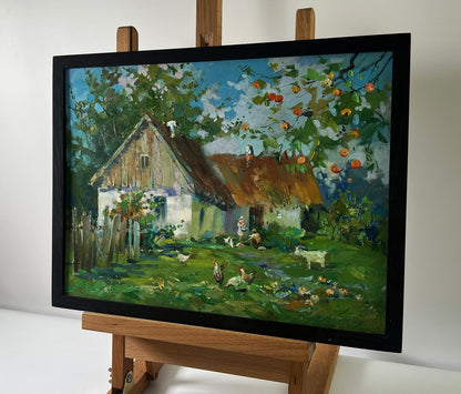 Oil painting Village with animals by Yuriy Suprunchuk rustic cottages chickens