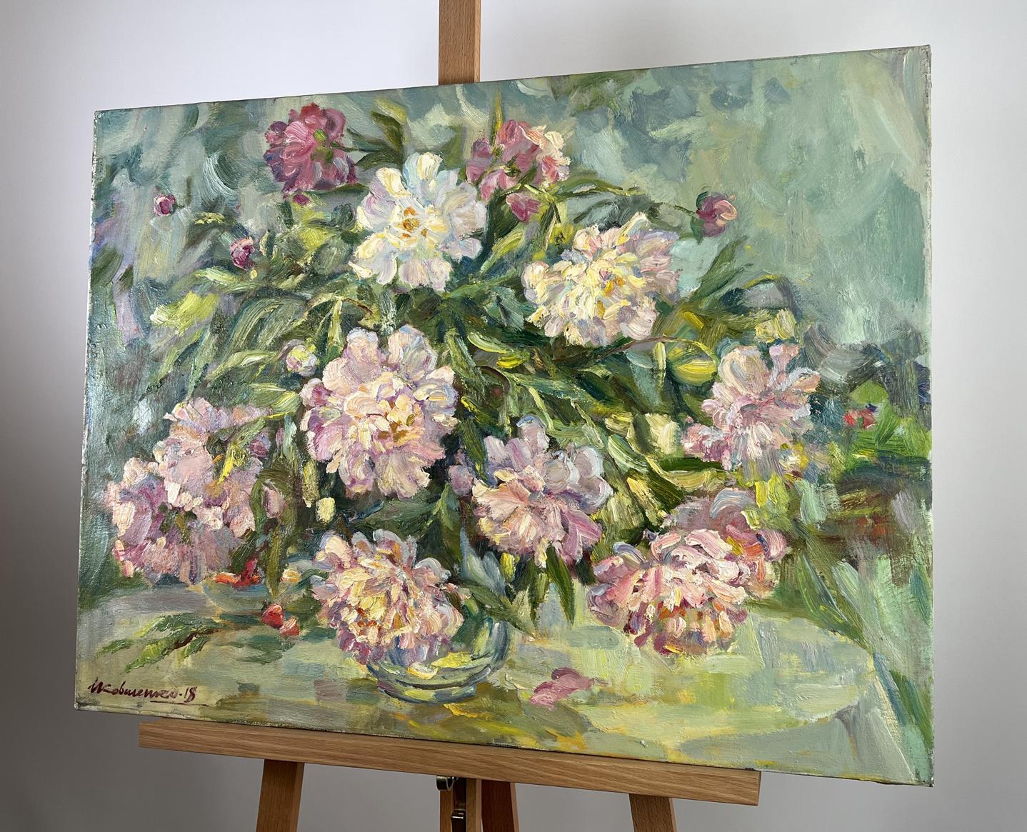 Oil painting Silent Fragrance by Ivan Kovalenko: pink peonies bouquet