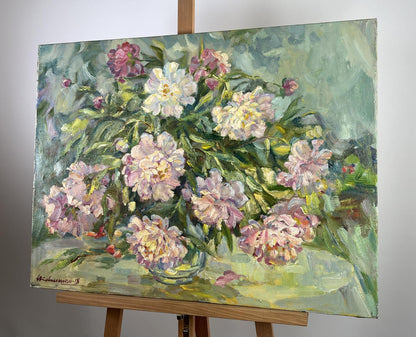 Oil painting Silent Fragrance by Ivan Kovalenko: pink peonies bouquet
