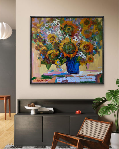 Vibrant oil painting of sunflowers in blue vase by Oksana Ivanyuk