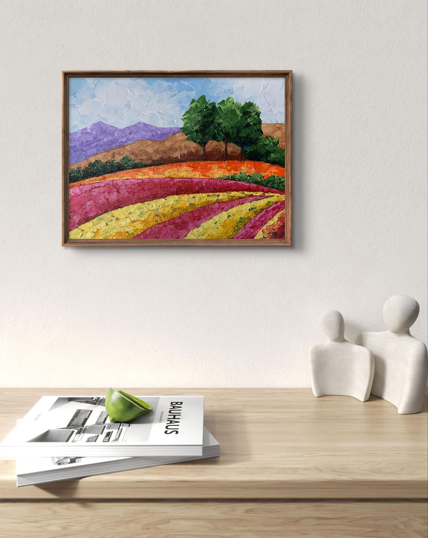 Oil painting Mountain fields V. Zadorozhnya vibrant orange purple landscape in wood frame