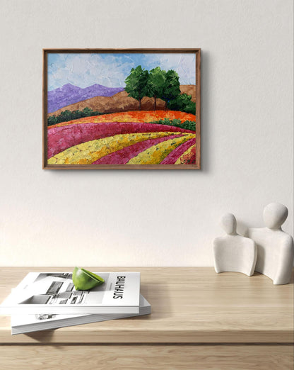 Oil painting Mountain fields V. Zadorozhnya vibrant orange purple landscape in wood frame