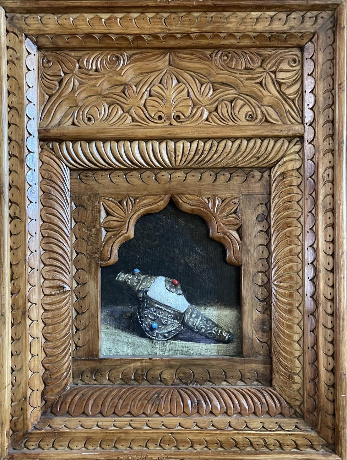 Oil painting of ornate silver dagger in hand-carved Annam Butt frame