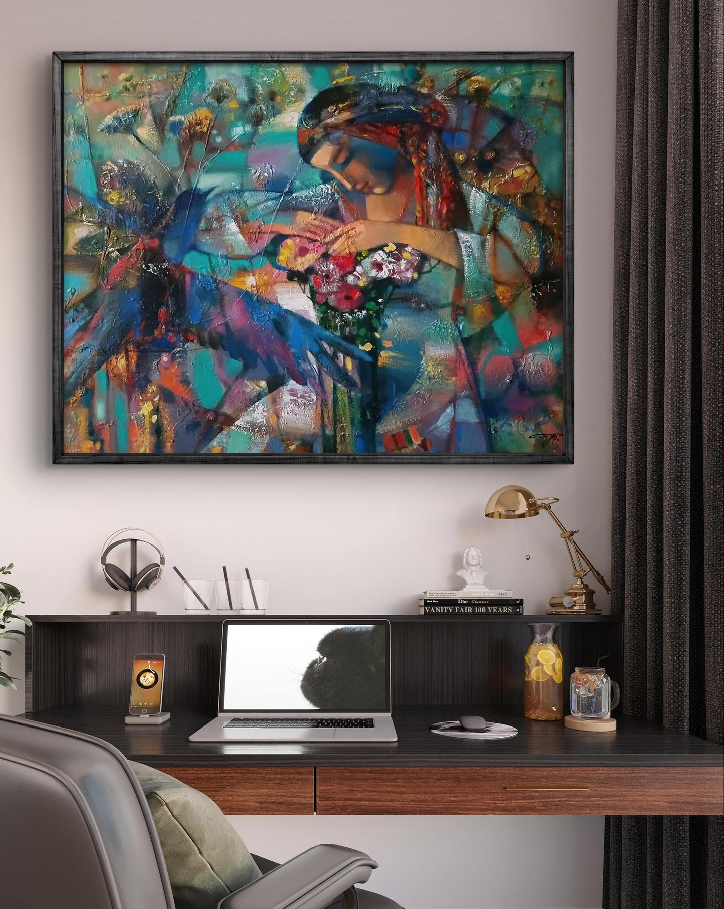 Vibrant abstract oil painting of girl and bouquet by Anatoly Tarabanov in black frame