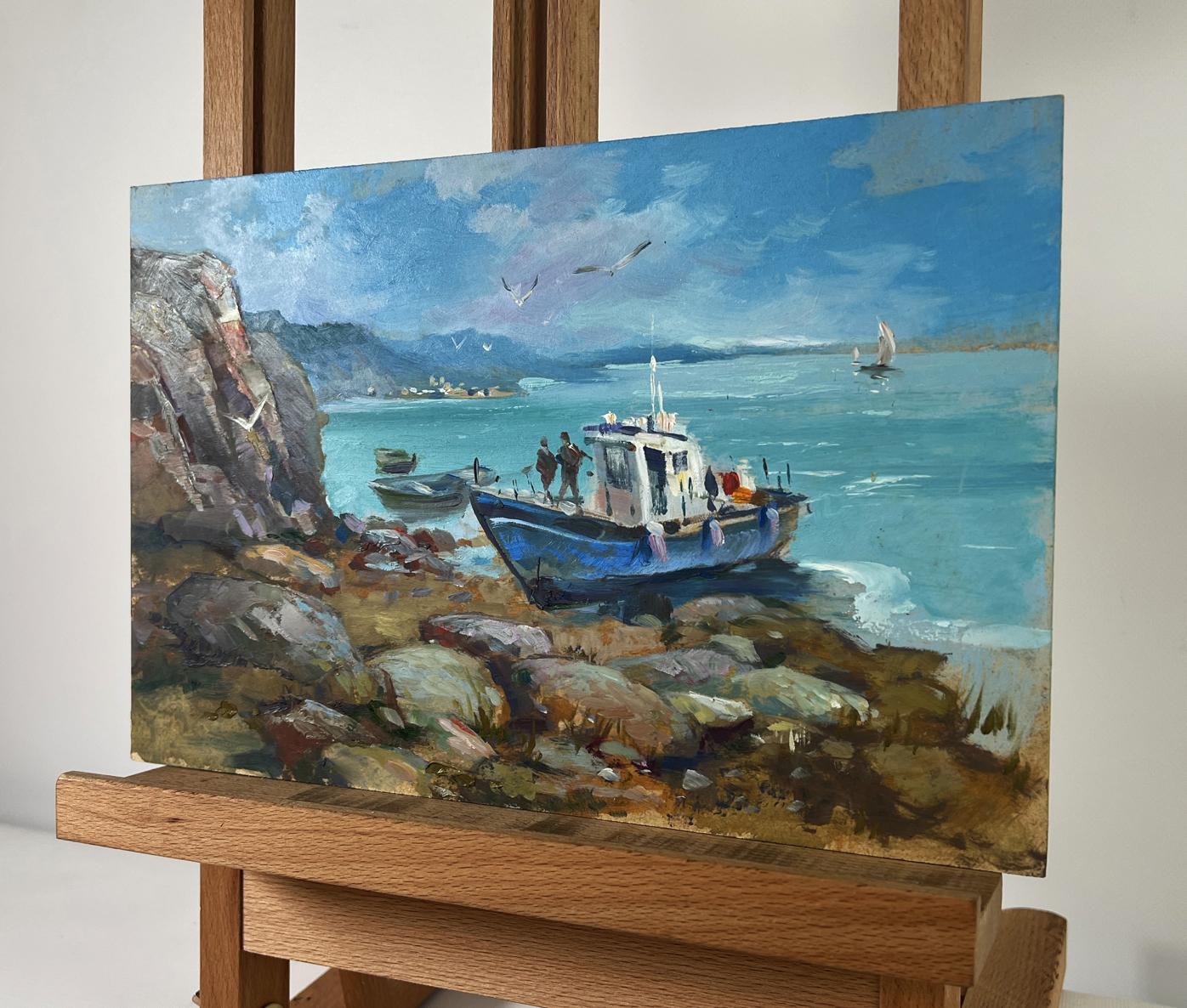 Oil painting of vibrant blue boat on horizon by Yuriy Suprunchuk on easel