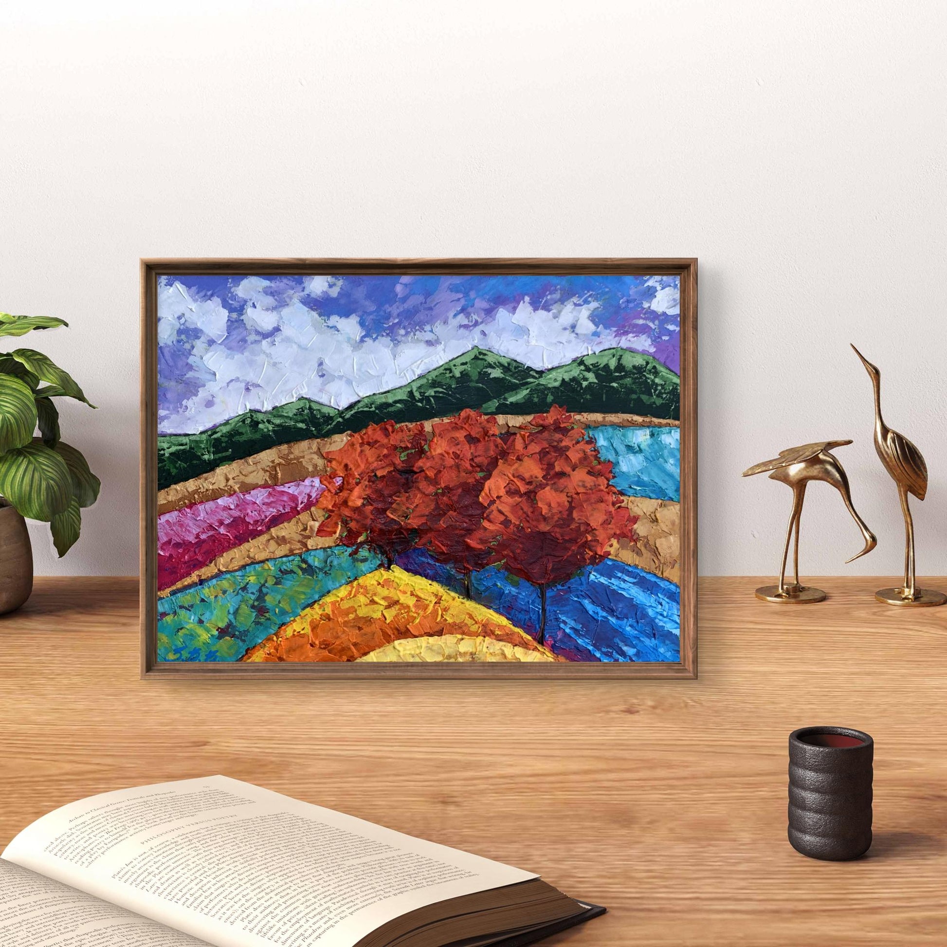 Oil painting Three trees and mountains by V. Zadorozhnya in rustic frame